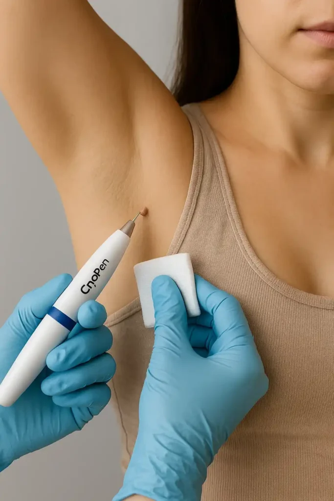 woman having cryopen to remove underarm skin tags Fareham